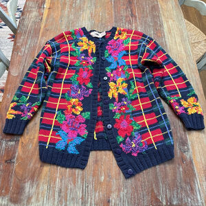 Vintage Grannycore Lauren Hansen Cardigan S Plaid Floral Hand Knit Artsy Chunky